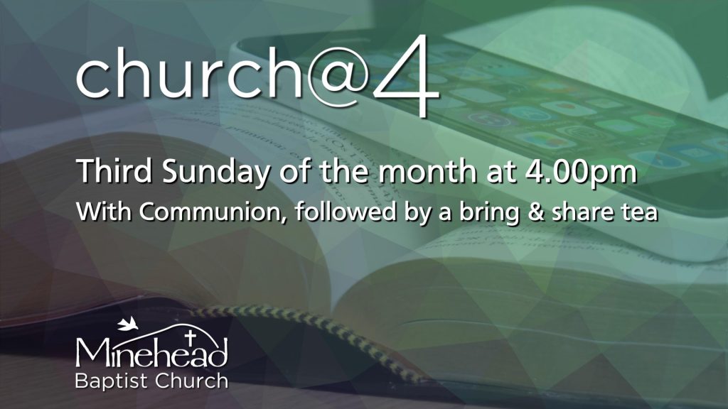 Church@4

3rd Sunday of the month at 4pm.

With communion followed by a bring and share tea.